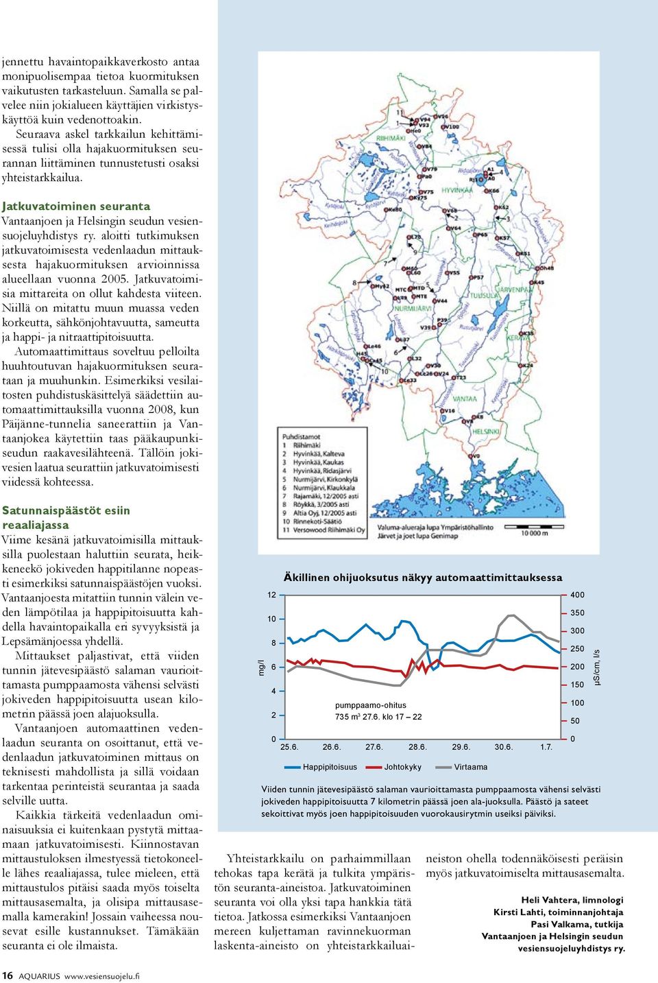 Jatkuvatoiminen seuranta Vantaanjoen ja Helsingin seudun vesiensuojeluyhdistys ry. aloitti tutkimuksen jatkuvatoimisesta vedenlaadun mittauksesta hajakuormituksen arvioinnissa alueellaan vuonna 2005.