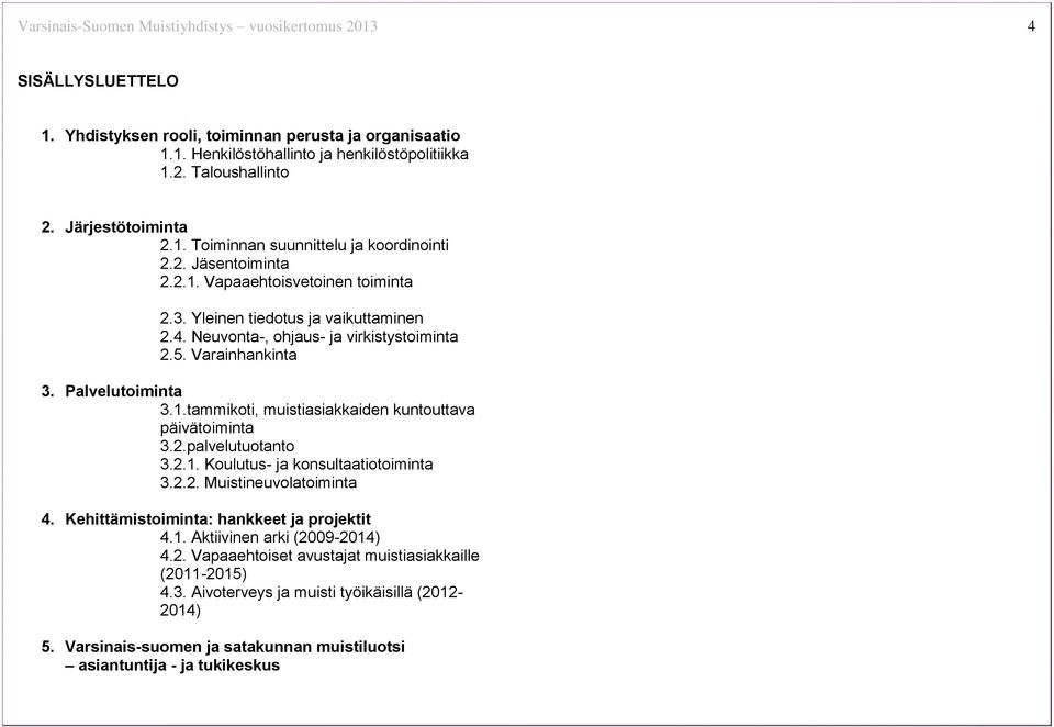 Neuvonta-, ohjaus- ja virkistystoiminta 2.5. Varainhankinta 3. Palvelutoiminta 3.1.tammikoti, muistiasiakkaiden kuntouttava päivätoiminta 3.2.palvelutuotanto 3.2.1. Koulutus- ja konsultaatiotoiminta 3.