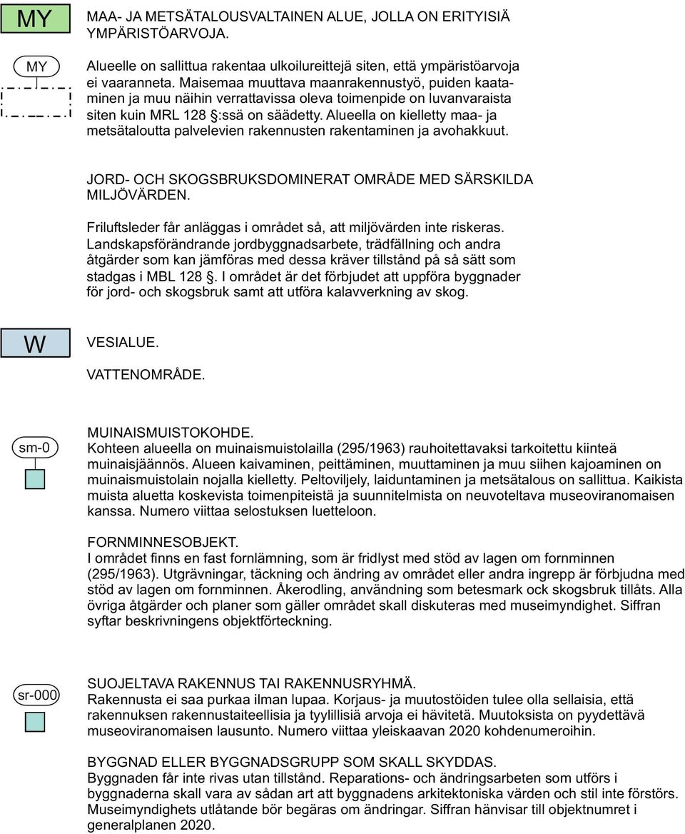 Alueella on kielletty maa- ja metsätaloutta palvelevien rakennusten rakentaminen ja avohakkuut. JORD- OCH SKOGSBRUKSDOMINERAT OMRÅDE MED SÄRSKILDA MILJÖVÄRDEN.