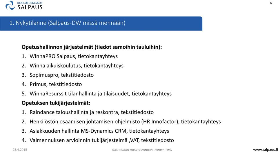 WinhaResurssit tilanhallinta ja tilaisuudet, tietokantayhteys Opetuksen tukijärjestelmät: 1.