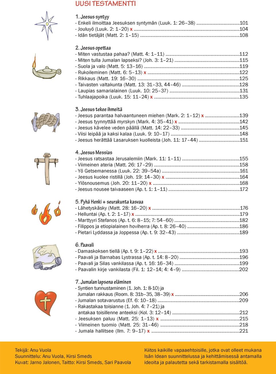 ..122 - Rikkaus (Matt. 19: 16 30)...125 - Taivasten valtakunta (Matt. 13: 31 33, 44 46)...128 - Laupias samarialainen (Luuk. 10: 25 37)...131 - Tuhlaajapoika (Luuk. 15: 11 24) x...135 3.