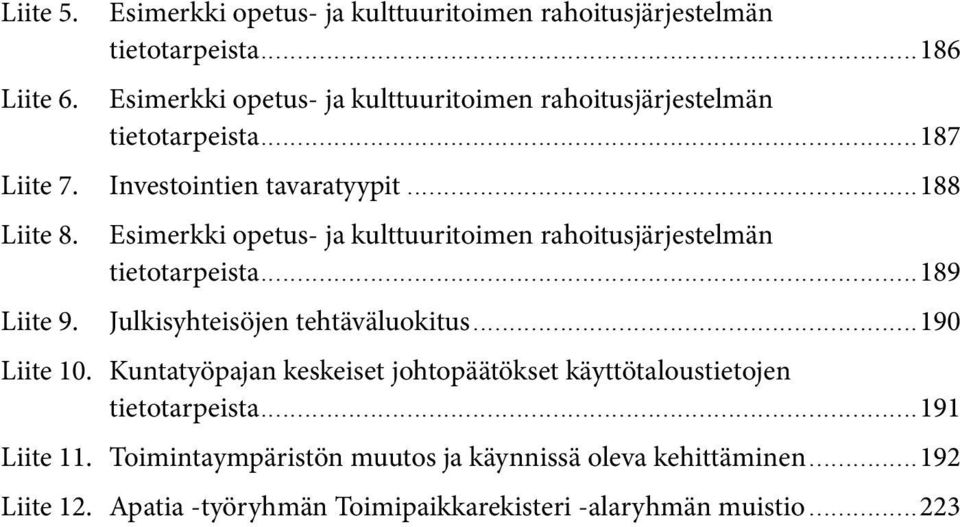 ..188 Esimerkki opetus- ja kulttuuritoimen rahoitusjärjestelmän tietotarpeista...189 Julkisyhteisöjen tehtäväluokitus...190 Liite 10.