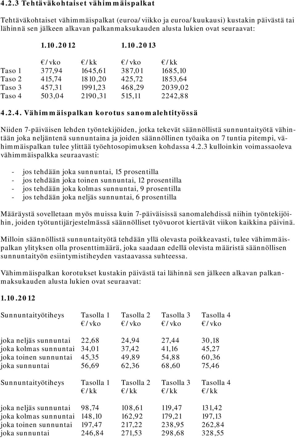 2.4. Vähimmäispalkan korotus sanomalehtityössä Niiden 7-päiväisen lehden työntekijöiden, jotka tekevät säännöllistä sunnuntaityötä vähintään joka neljäntenä sunnuntaina ja joiden säännöllinen työaika