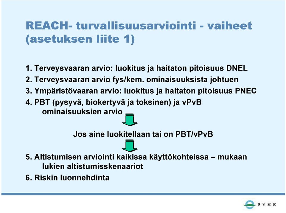 ominaisuuksista johtuen 3. Ympäristövaaran arvio: luokitus ja haitaton pitoisuus PNEC 4.