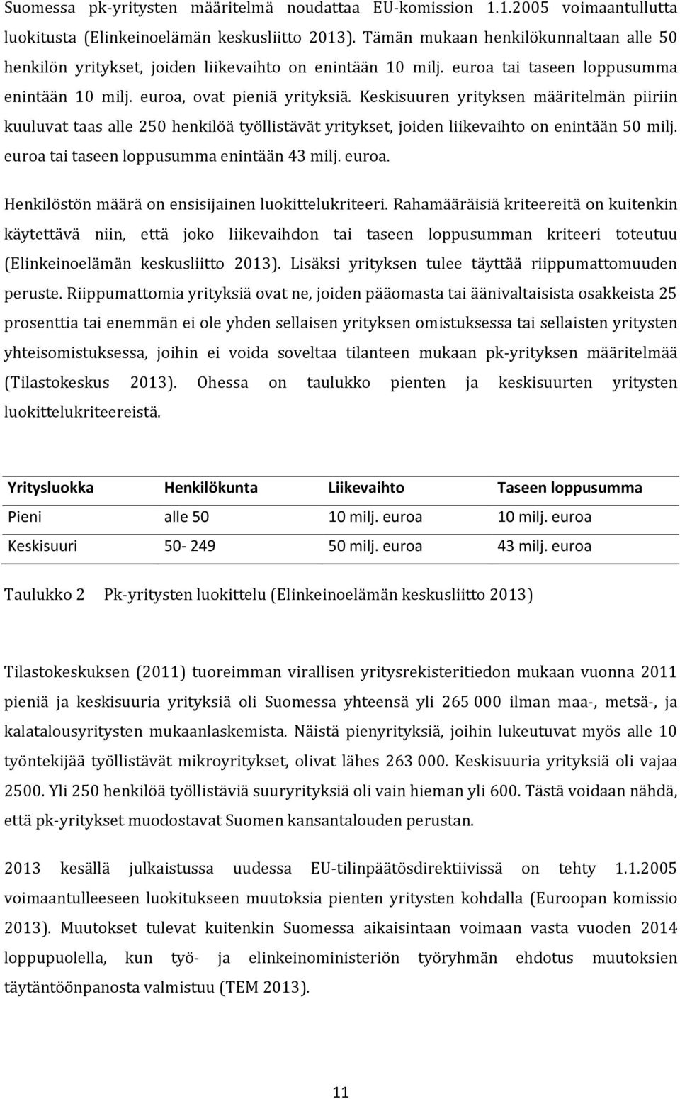 Keskisuuren yrityksen määritelmän piiriin kuuluvat taas alle 250 henkilöä työllistävät yritykset, joiden liikevaihto on enintään 50 milj. euroa tai taseen loppusumma enintään 43 milj. euroa. Henkilöstön määrä on ensisijainen luokittelukriteeri.