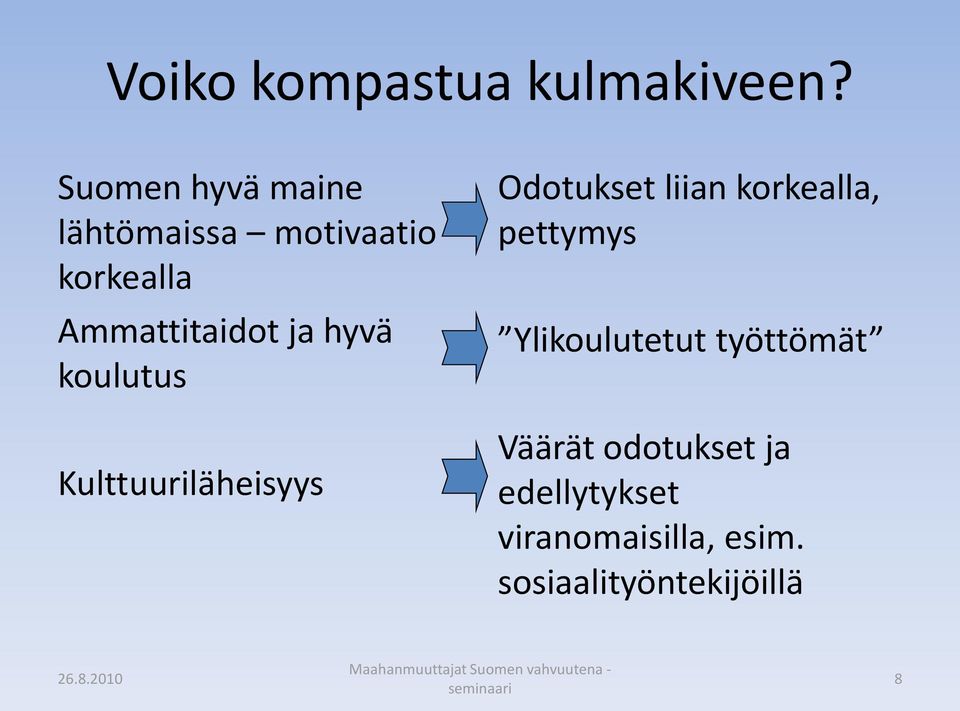 hyvä koulutus Kulttuuriläheisyys Odotukset liian korkealla,