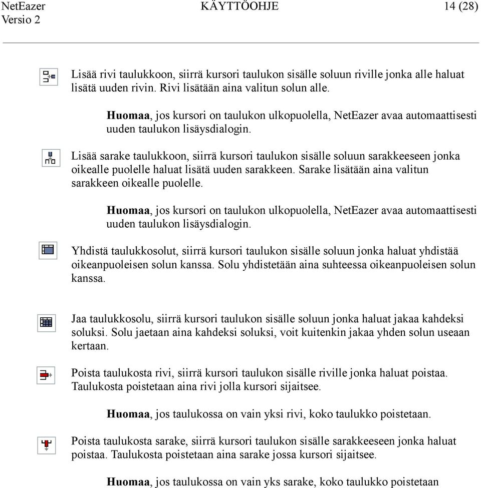 Lisää sarake taulukkoon, siirrä kursori taulukon sisälle soluun sarakkeeseen jonka oikealle puolelle haluat lisätä uuden sarakkeen. Sarake lisätään aina valitun sarakkeen oikealle puolelle.