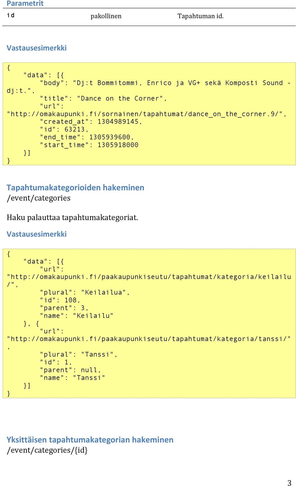 9/", "created_at": 1304989145, "id": 63213, "end_time": 1305939600, "start_time": 1305918000 Tapahtumakategorioiden hakeminen /event/categories Haku palauttaa tapahtumakategoriat.