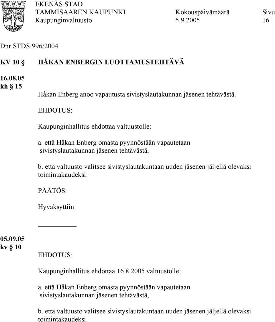 että valtuusto valitsee sivistyslautakuntaan uuden jäsenen jäljellä olevaksi toimintakaudeksi. Hyväksyttiin 05.09.05 kv 10 Kaupunginhallitus ehdottaa 16.8.