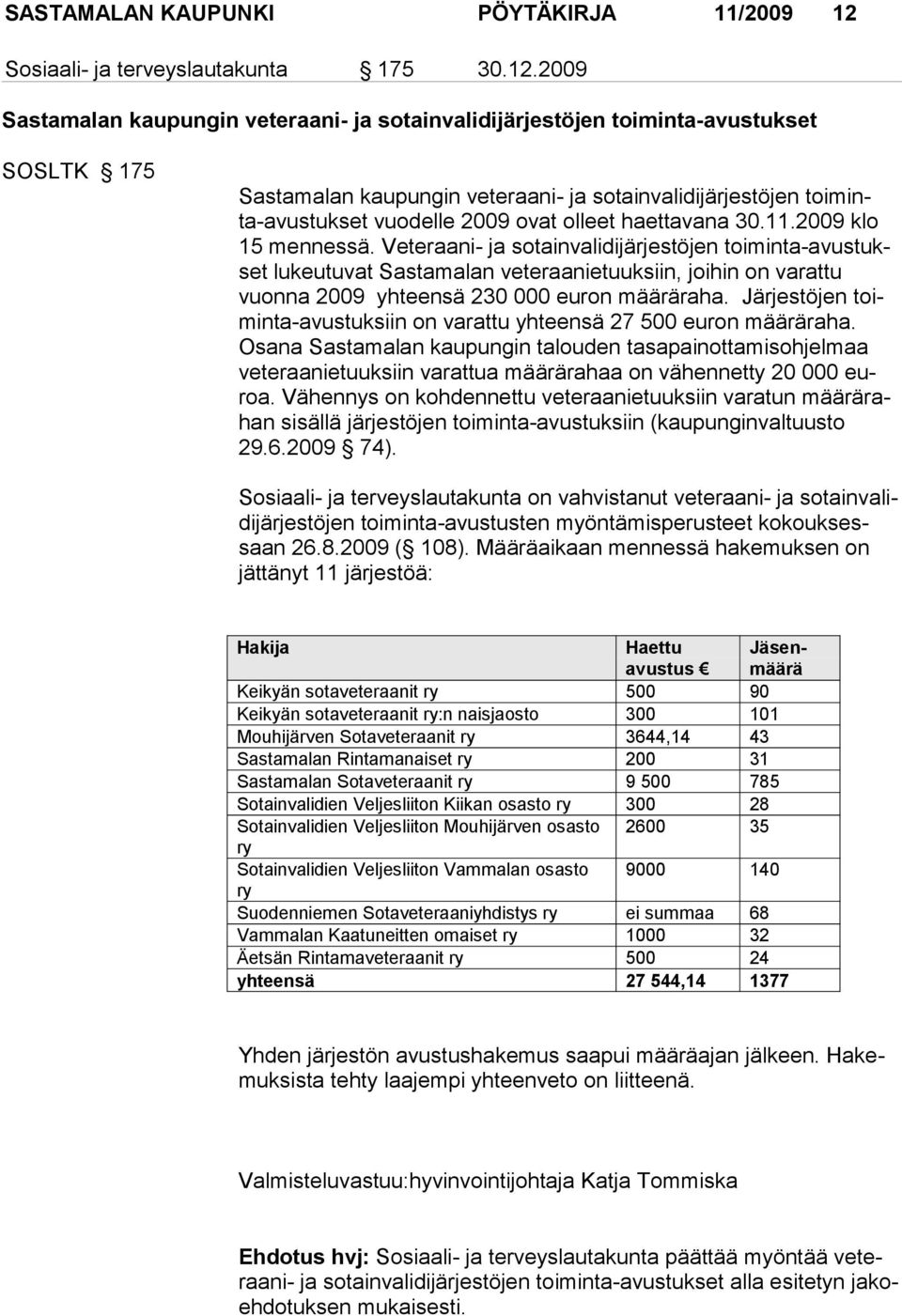 2009 Sastamalan kaupungin veteraani- ja sotainvalidijärjestöjen toiminta-avustukset SOSLTK 175 Sastamalan kaupungin veteraani- ja sotainvalidijärjestöjen toiminta-avustukset vuodelle 2009 ovat olleet