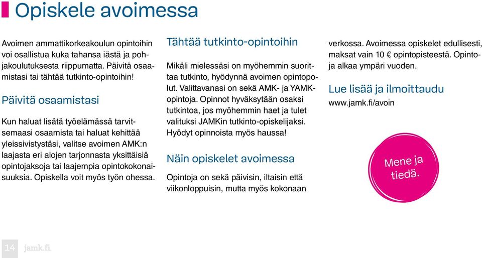 laajempia opintokokonaisuuksia. Opiskella voit myös työn ohessa. Tähtää tutkinto-opintoihin Mikäli mielessäsi on myöhemmin suorittaa tutkinto, hyödynnä avoimen opintopolut.