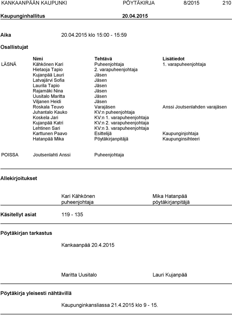 varapuheenjohtaja Kujanpää Lauri Jäsen Latvajärvi Sofia Jäsen Laurila Tapio Jäsen Rajamäki Nina Jäsen Uusitalo Maritta Jäsen Viljanen Heidi Jäsen Roskala Teuvo Varajäsen Anssi Joutsenlahden varajäsen