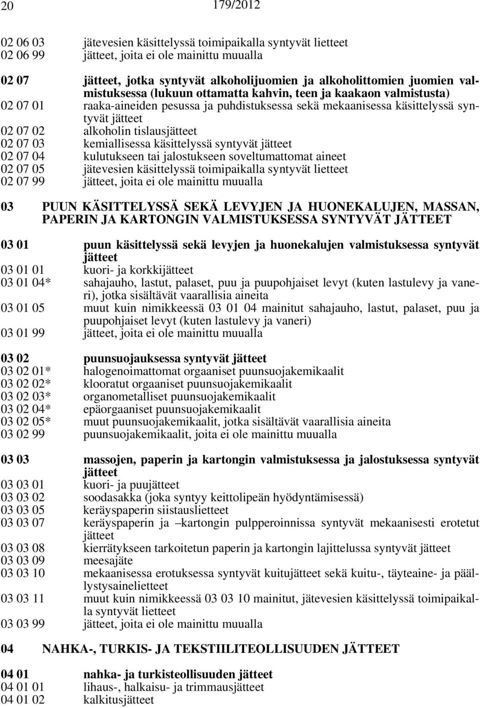 käsittelyssä syntyvät 02 07 04 kulutukseen tai jalostukseen soveltumattomat aineet 02 07 05 jätevesien käsittelyssä toimipaikalla syntyvät lietteet 02 07 99, joita ei ole mainittu muualla 03 PUUN