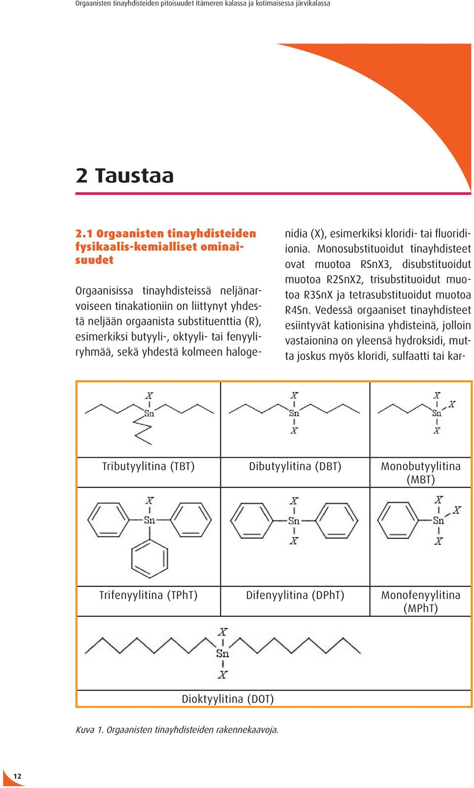 butyyli-, oktyyli- tai fenyyliryhmää, sekä yhdestä kolmeen halogenidia (X), esimerkiksi kloridi- tai fluoridiionia.