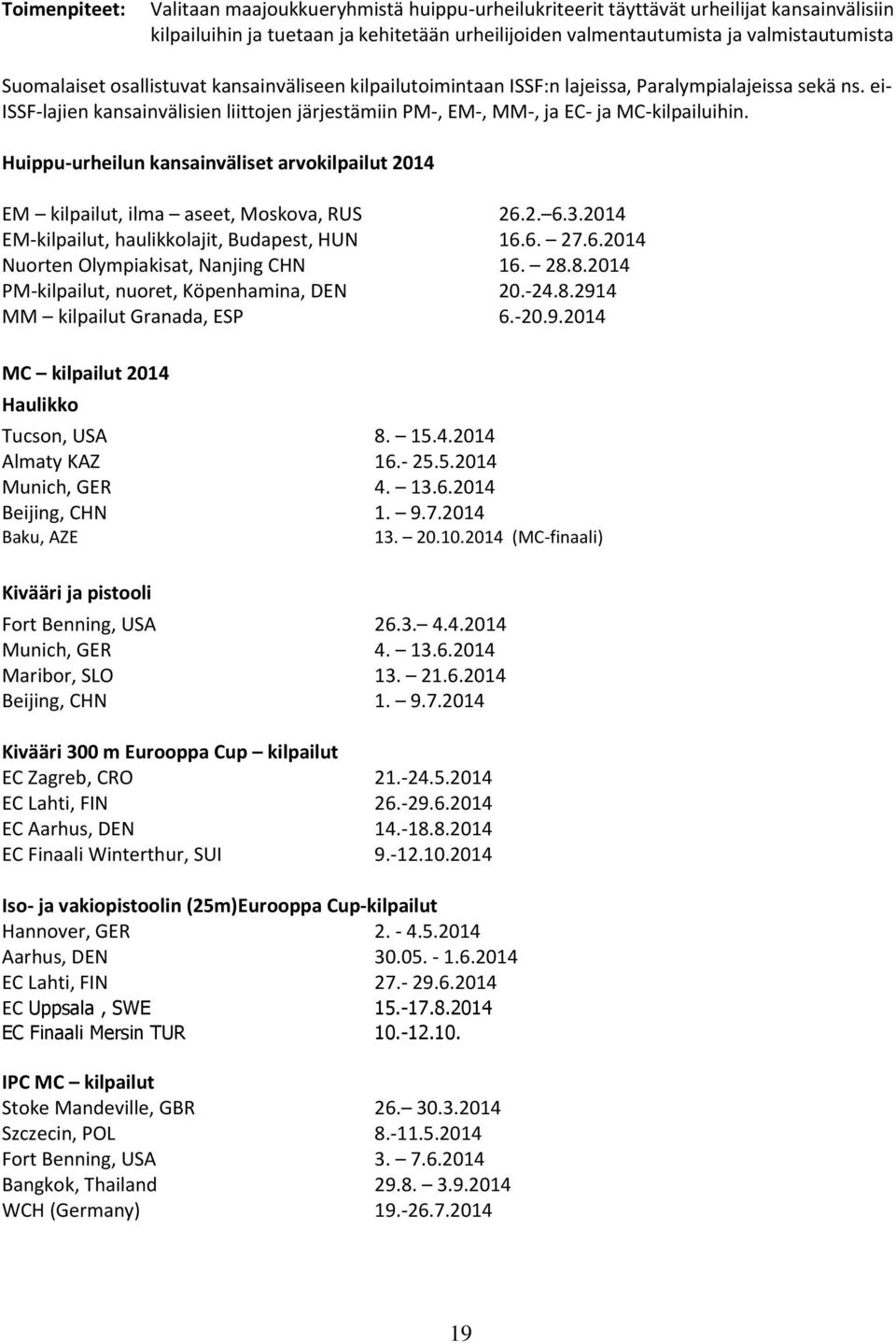 ei- ISSF-lajien kansainvälisien liittojen järjestämiin PM-, EM-, MM-, ja EC- ja MC-kilpailuihin. Huippu-urheilun kansainväliset arvokilpailut 2014 EM kilpailut, ilma aseet, Moskova, RUS 26.2. 6.3.