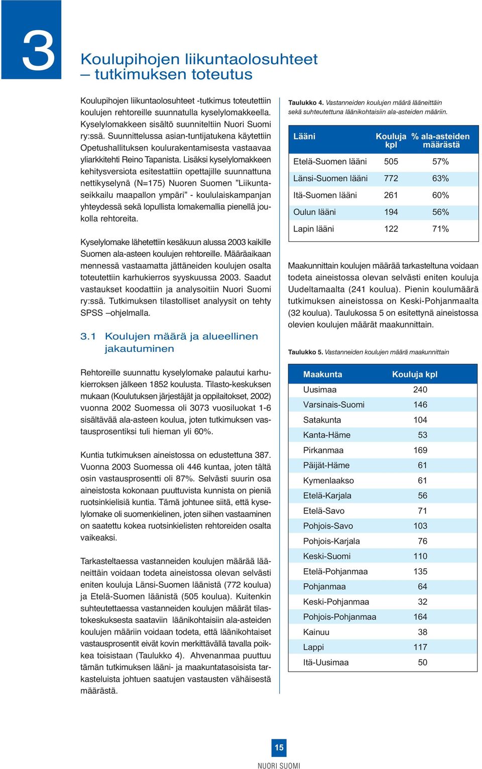 Lisäksi kyselylomakkeen kehitysversiota esitestattiin opettajille suunnattuna nettikyselynä (N=175) Nuoren Suomen Liikuntaseikkailu maapallon ympäri - koululaiskampanjan yhteydessä sekä lopullista