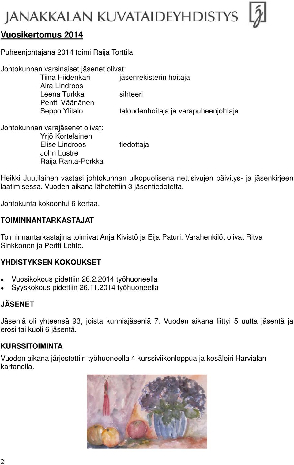 varajäsenet olivat: Yrjö Kortelainen Elise Lindroos John Lustre Raija Ranta-Porkka tiedottaja Heikki Juutilainen vastasi johtokunnan ulkopuolisena nettisivujen päivitys- ja jäsenkirjeen laatimisessa.