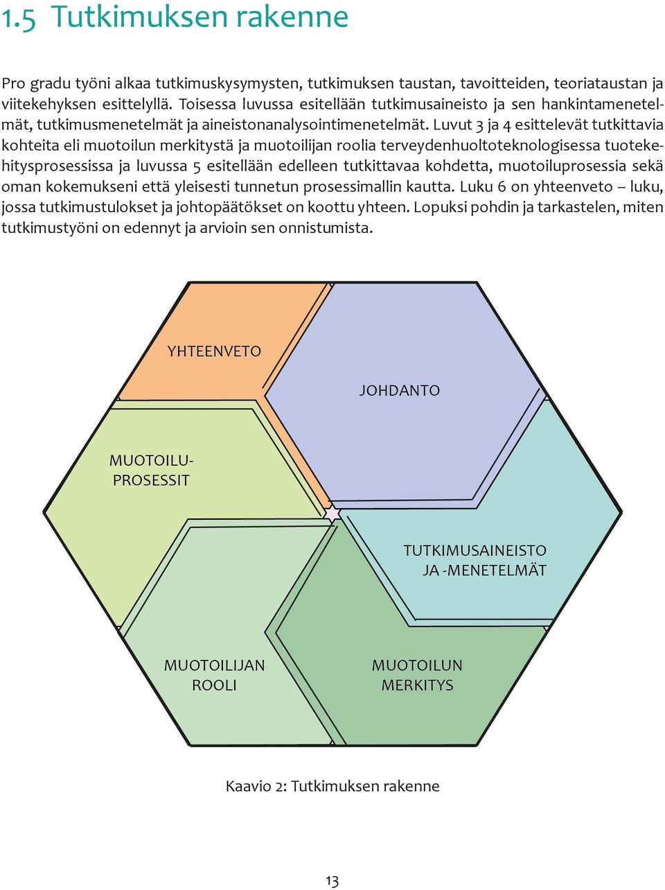 Luvut 3 ja 4 esittelevät tutkittavia kohteita eli muotoilun merkitystä ja muotoilijan roolia terveydenhuoltoteknologisessa tuotekehitysprosessissa ja luvussa 5 esitellään edelleen tutkittavaa