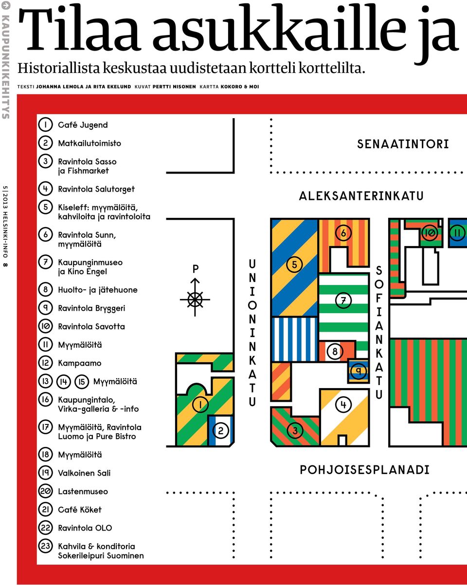 Kiseleff: myymälöitä, kahviloita ja ravintoloita Ravintola Sunn, myymälöitä Kaupunginmuseo ja Kino Engel Huolto- ja jätehuone Ravintola Bryggeri Ravintola Savotta Myymälöitä Kampaamo Myymälöitä