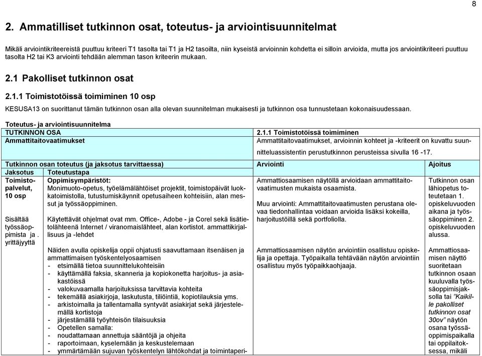 Pakolliset tutkinnon osat 2.1.1 Toimistotöissä toimiminen 10 osp KESUSA13 on suorittanut tämän tutkinnon osan alla olevan suunnitelman mukaisesti ja tutkinnon osa tunnustetaan kokonaisuudessaan.