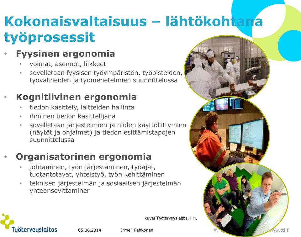 järjestelmien ja niiden käyttöliittymien (näytöt ja ohjaimet) ja tiedon esittämistapojen suunnittelussa Organisatorinen ergonomia johtaminen, työn