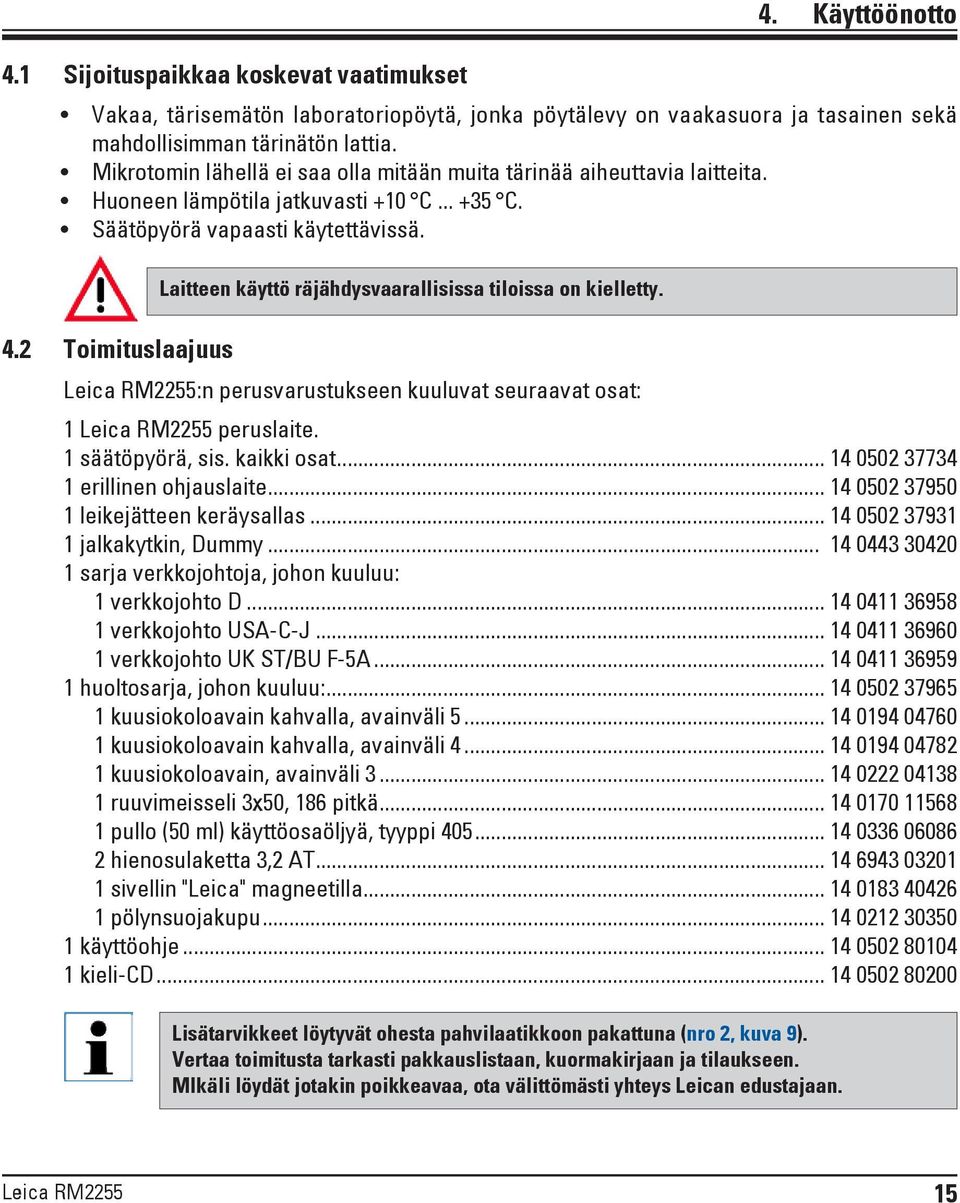 2 Toimituslaajuus Laitteen käyttö räjähdysvaarallisissa tiloissa on kielletty. Leica RM2255:n perusvarustukseen kuuluvat seuraavat osat: 1 Leica RM2255 peruslaite. 1 säätöpyörä, sis. kaikki osat.