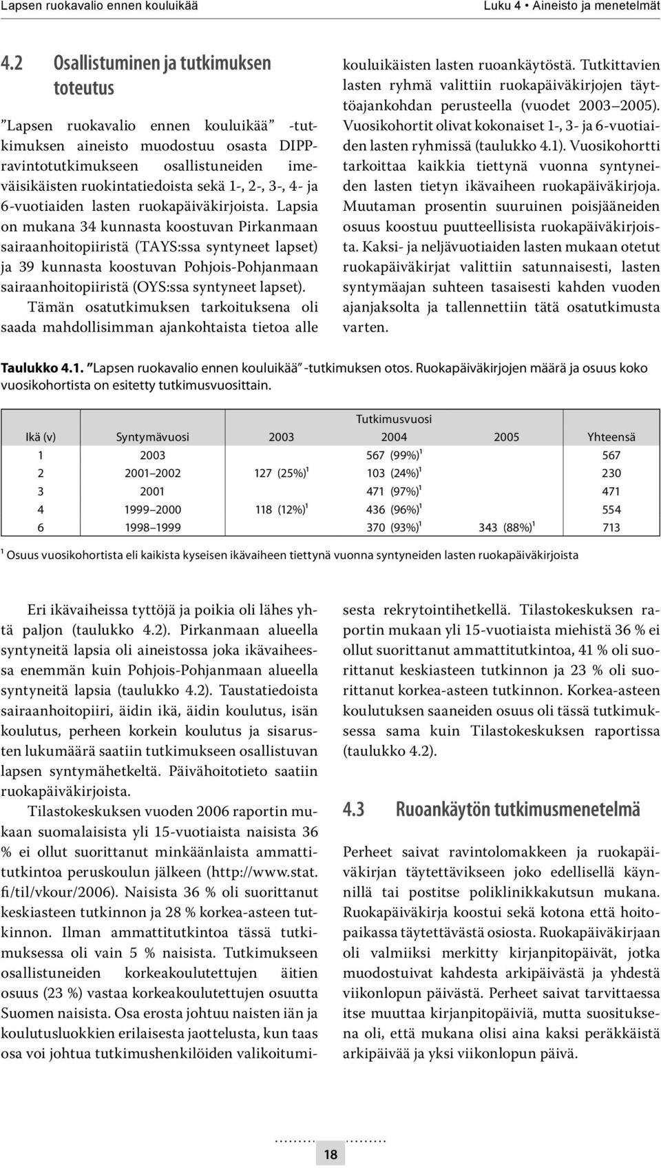 3-, 4- ja 6-vuotiaiden lasten ruokapäiväkirjoista.