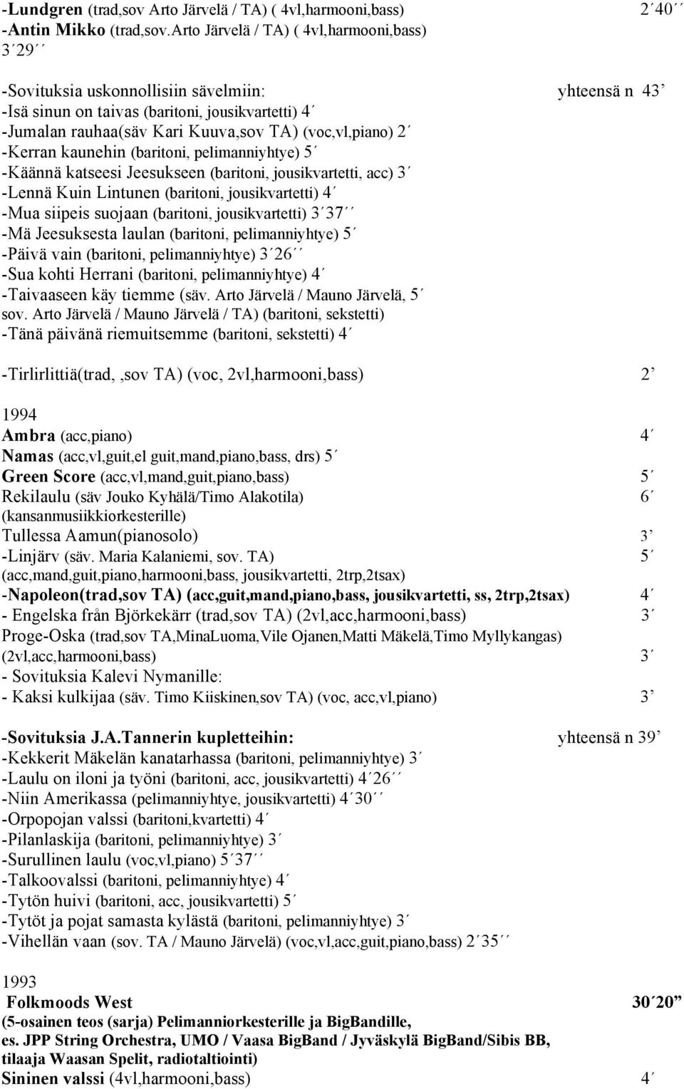 (voc,vl,piano) 2 -Kerran kaunehin (baritoni, pelimanniyhtye) 5 -Käännä katseesi Jeesukseen (baritoni, jousikvartetti, acc) 3 -Lennä Kuin Lintunen (baritoni, jousikvartetti) 4 -Mua siipeis suojaan