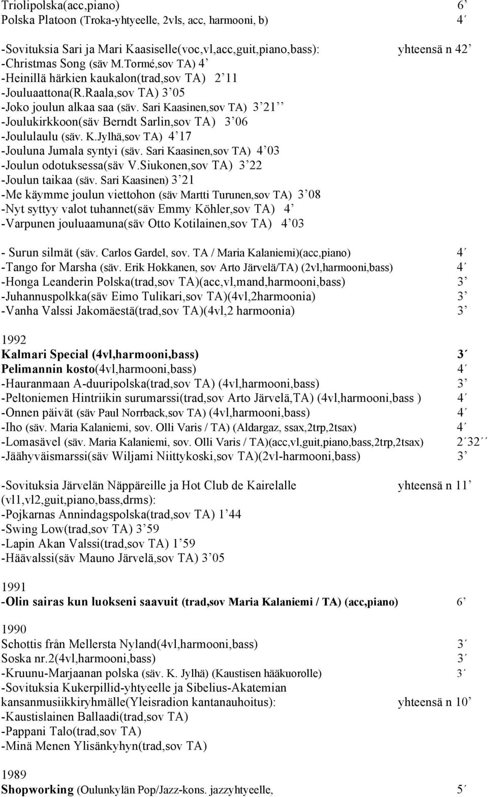 Sari Kaasinen,sov TA) 3 21 -Joulukirkkoon(säv Berndt Sarlin,sov TA) 3 06 -Joululaulu (säv. K.Jylhä,sov TA) 4 17 -Jouluna Jumala syntyi (säv. Sari Kaasinen,sov TA) 4 03 -Joulun odotuksessa(säv V.
