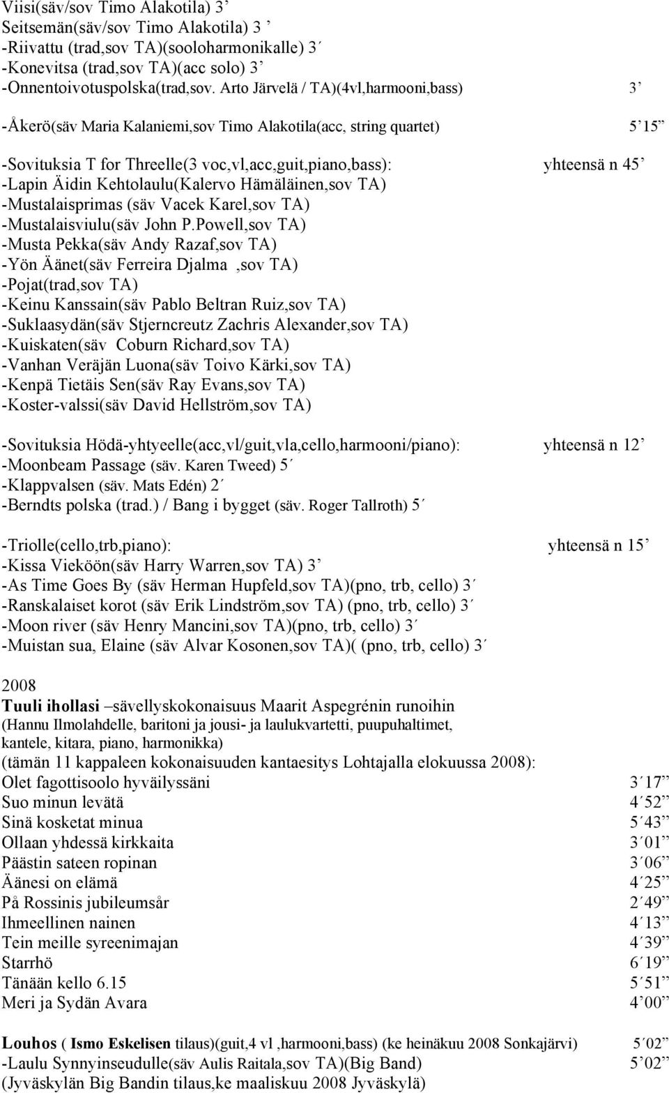 Kehtolaulu(Kalervo Hämäläinen,sov TA) -Mustalaisprimas (säv Vacek Karel,sov TA) -Mustalaisviulu(säv John P.