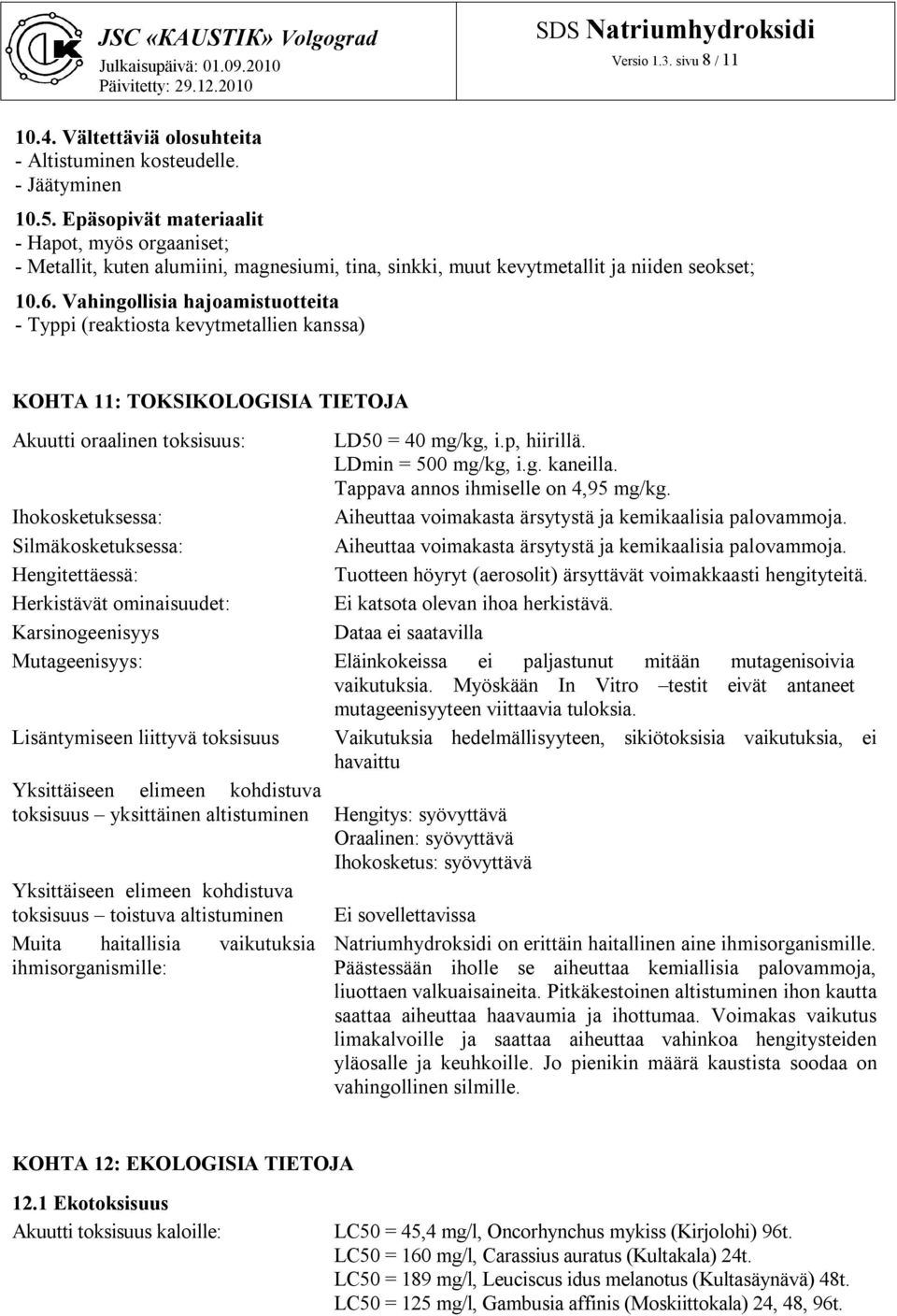 Vahingollisia hajoamistuotteita - Typpi (reaktiosta kevytmetallien kanssa) KOHTA 11: TOKSIKOLOGISIA TIETOJA Akuutti oraalinen toksisuus: LD50 = 40 mg/kg, i.p, hiirillä. LDmin = 500 mg/kg, i.g. kaneilla.