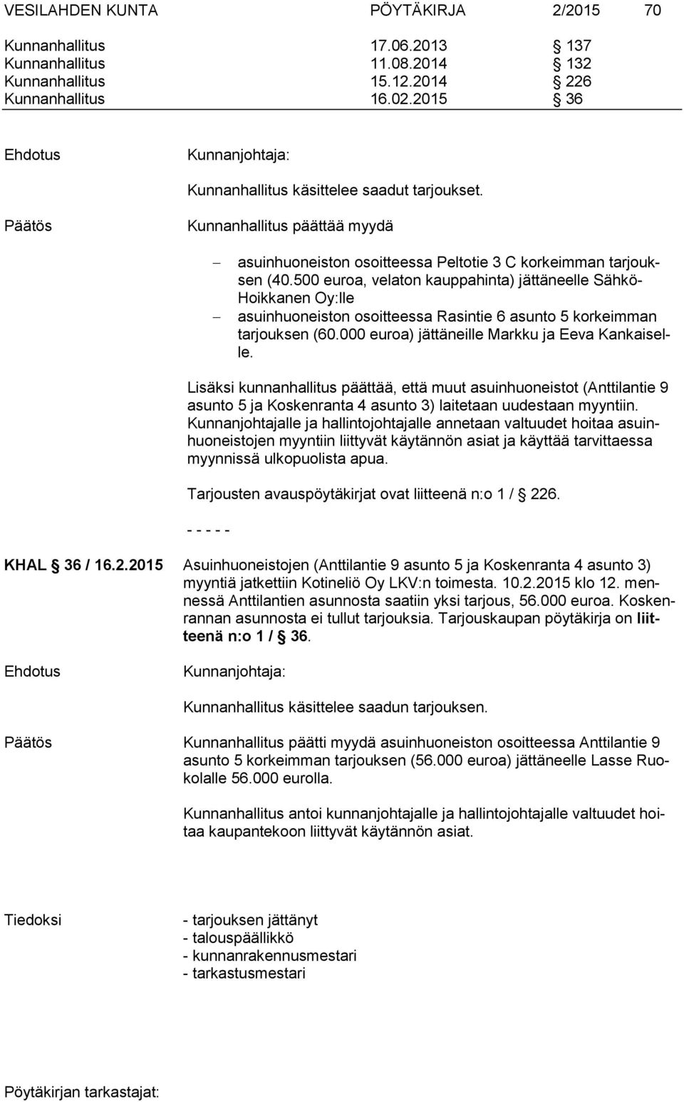 500 euroa, velaton kauppahinta) jättäneelle Sähkö- Hoikkanen Oy:lle asuinhuoneiston osoitteessa Rasintie 6 asunto 5 korkeimman tarjouksen (60.000 euroa) jättäneille Markku ja Eeva Kankaiselle.