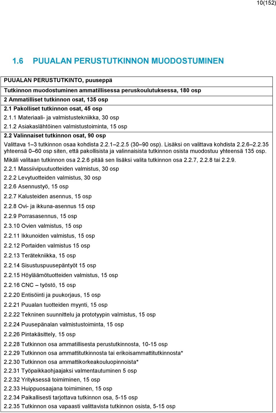 2 Valinnaiset tutkinnon osat, 90 osp Valittava 1 3 tutkinnon osaa kohdista 2.2.1 2.2.5 (30 90 osp). Lisäksi on valittava kohdista 2.2.6 2.2.35 yhteensä 0 60 osp siten, että pakollisista ja valinnaisista tutkinnon osista muodostuu yhteensä 135 osp.