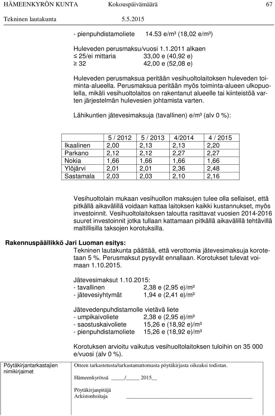 Lähikuntien jätevesimaksuja (tavallinen) e/m³ (alv 0 %): 5 / 2012 5 / 2013 4/2014 4 / 2015 Ikaalinen 2,00 2,13 2,13 2,20 Parkano 2,12 2,12 2,27 2,27 Nokia 1,66 1,66 1,66 1,66 Ylöjärvi 2,01 2,01 2,36