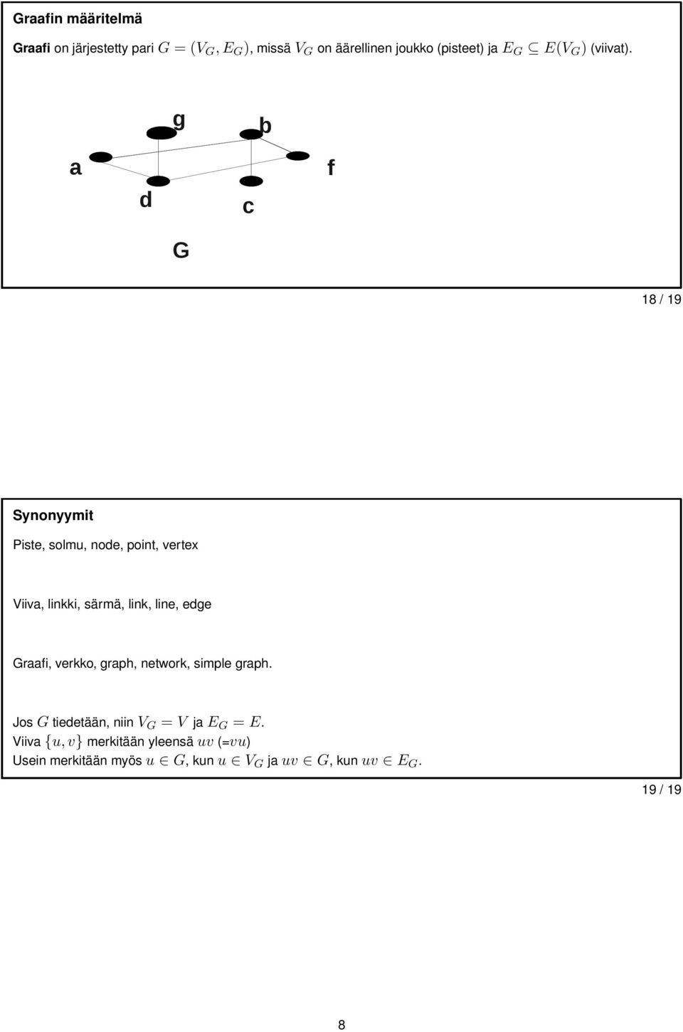 g b a d c f G 18 / 19 Synonyymit Piste, solmu, node, point, vertex Viiva, linkki, särmä, link, line,