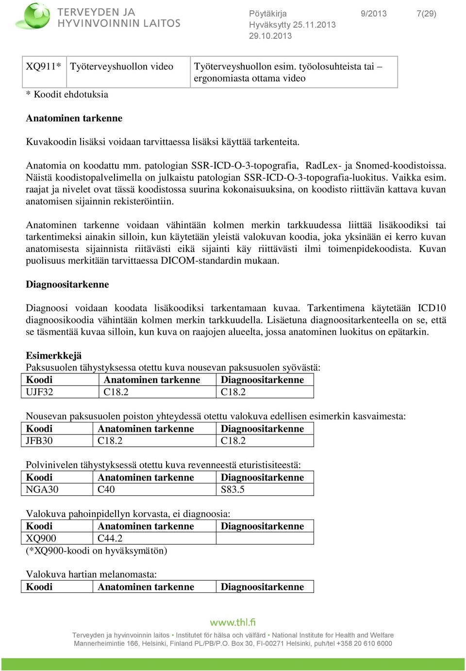 patologian SSR-ICD-O-3-topografia, RadLex- ja Snomed-koodistoissa. Näistä koodistopalvelimella on julkaistu patologian SSR-ICD-O-3-topografia-luokitus. Vaikka esim.