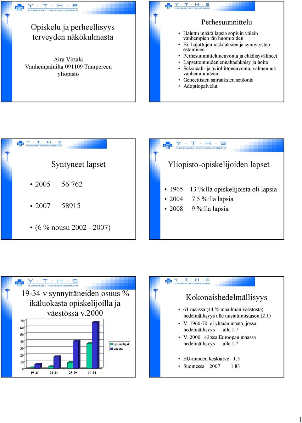 sairauksien seulonta Adoptiopalvelut Syntyneet lapset Yliopisto opiskelijoiden lapset 2005 56 762 2007 58915 1965 13 %:lla opiskelijoista oli lapsia 2004 7.