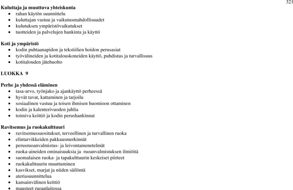 tasa-arvo, työnjako ja ajankäyttö perheessä hyvät tavat, kattaminen ja tarjoilu sosiaalinen vastuu ja toisen ihmisen huomioon ottaminen kodin ja kalenterivuoden juhlia toimiva keittiö ja kodin