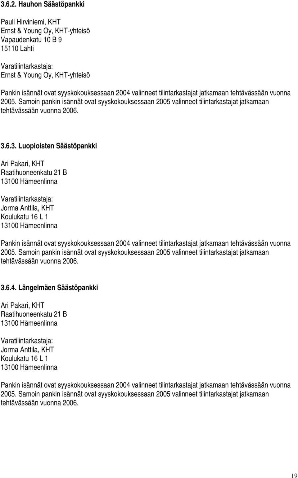 valinneet tilintarkastajat jatkamaan tehtävässään vuonna 2005. Samoin pankin isännät ovat syyskokouksessaan 2005 valinneet tilintarkastajat jatkamaan tehtävässään vuonna 2006. 3.