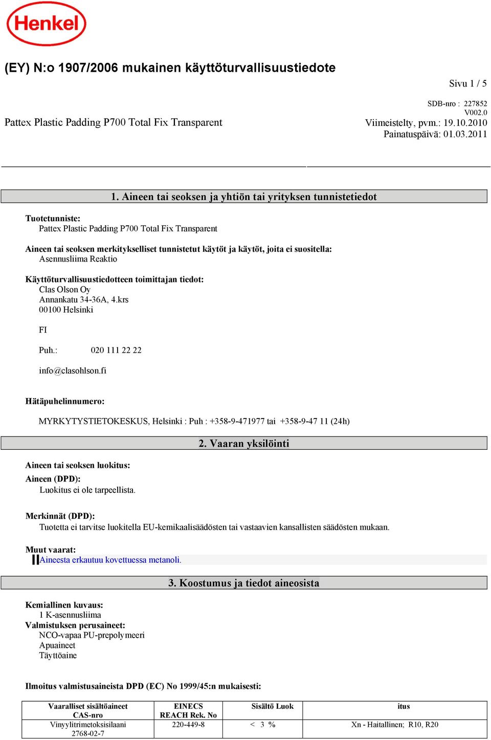 suositella: Asennusliima Reaktio Käyttöturvallisuustiedotteen toimittajan tiedot: Clas Olson Oy Annankatu 34-36A, 4.krs 00100 Helsinki FI Puh.: 020 111 22 22 info@clasohlson.