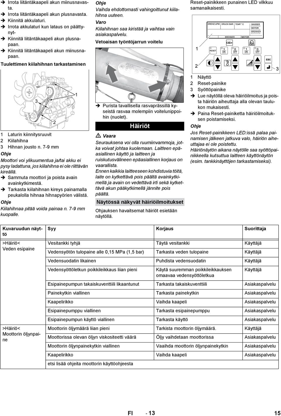 Vetoaisan työntöjarrun voitelu Reset-painikkeen punainen LED vilkkuu samanaikaisesti. 1 Laturin kiinnitysruuvit 2 Kiilahihna 3 Hihnan jousto n.