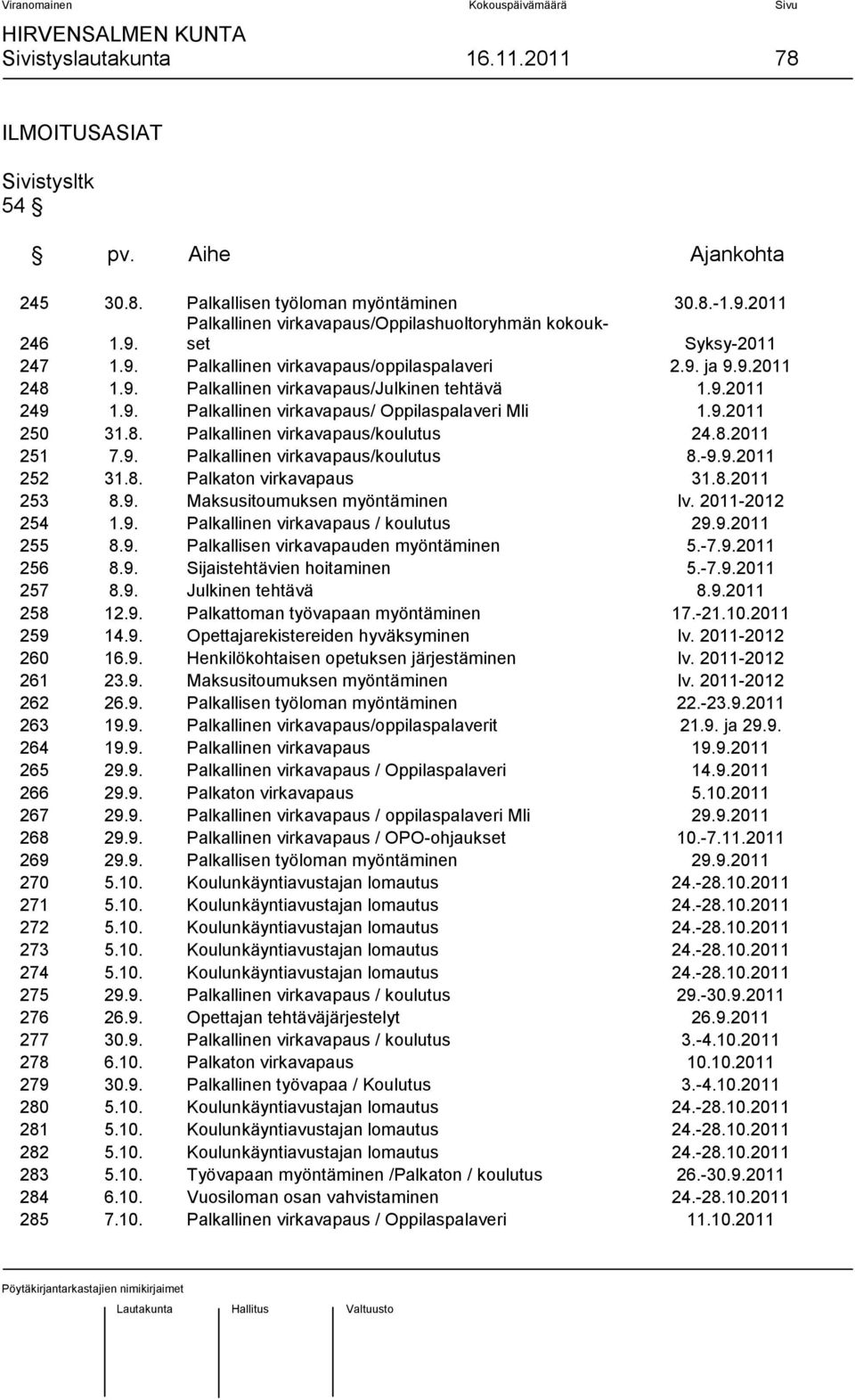 9. Palkallinen virkavapaus/ Oppilaspalaveri Mli 1.9.2011 250 31.8. Palkallinen virkavapaus/koulutus 24.8.2011 251 7.9. Palkallinen virkavapaus/koulutus 8.-9.9.2011 252 31.8. Palkaton virkavapaus 31.8.2011 253 8.