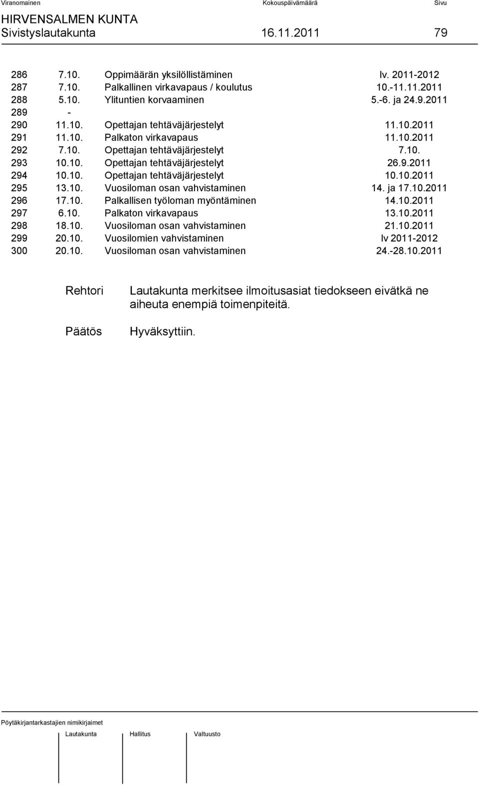 10.2011 295 13.10. Vuosiloman osan vahvistaminen 14. ja 17.10.2011 296 17.10. Palkallisen työloman myöntäminen 14.10.2011 297 6.10. Palkaton virkavapaus 13.10.2011 298 18.10. Vuosiloman osan vahvistaminen 21.