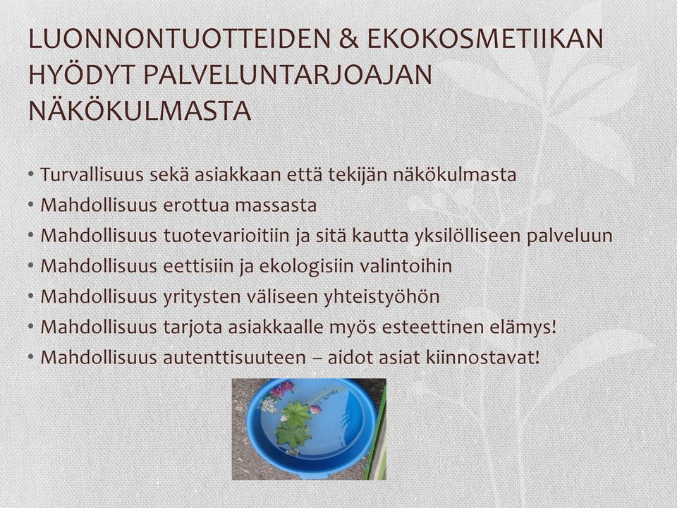 yksilölliseen palveluun Mahdollisuus eettisiin ja ekologisiin valintoihin Mahdollisuus yritysten väliseen