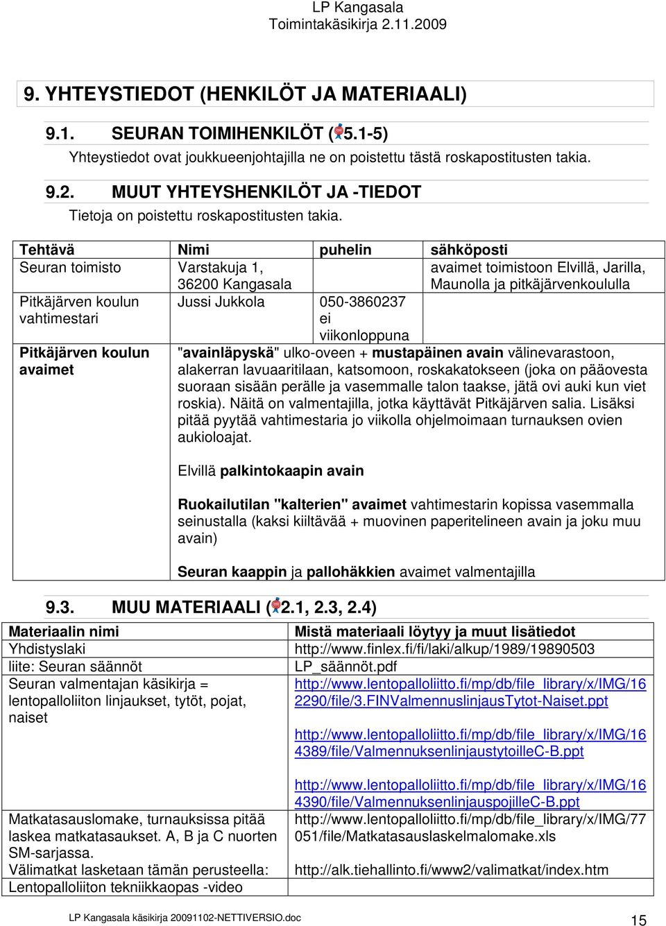 Tehtävä Nimi puhelin sähköposti Seuran toimisto Varstakuja 1, 36200 Kangasala avaimet toimistoon Elvillä, Jarilla, Maunolla ja pitkäjärvenkoululla Pitkäjärven koulun vahtimestari Jussi Jukkola