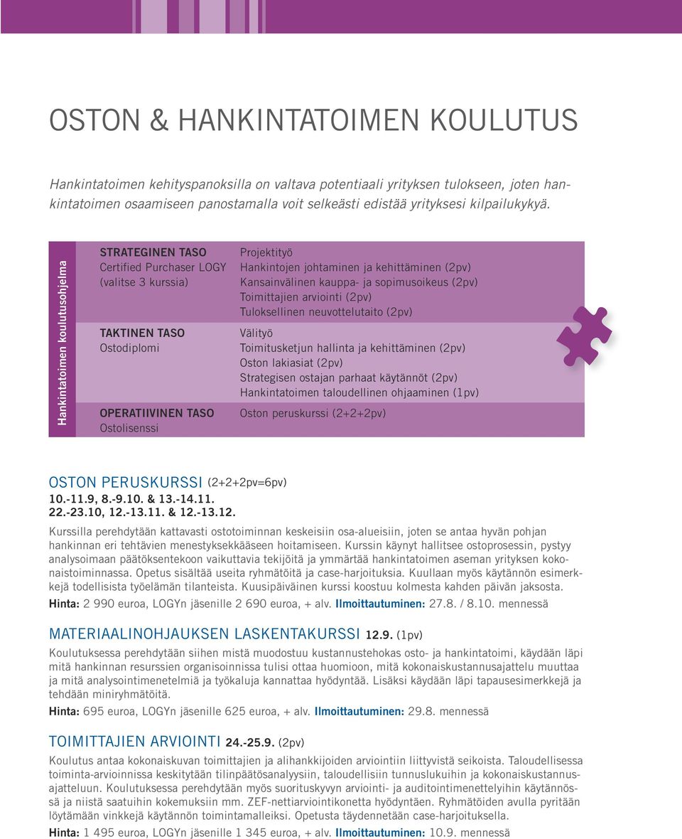 Hankintatoimen koulutusohjelma STRATEGINEN TASO Certified Purchaser LOGY (valitse 3 kurssia) TAKTINEN TASO Ostodiplomi OPERATIIVINEN TASO Ostolisenssi Projektityö Hankintojen johtaminen ja