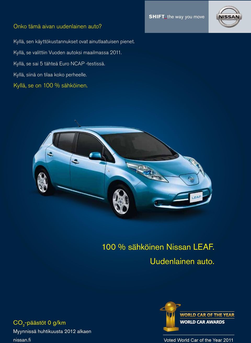 Kyllä, siinä on tilaa koko perheelle. Kyllä, se on 100 % sähköinen. 100 % sähköinen Nissan LEAF.