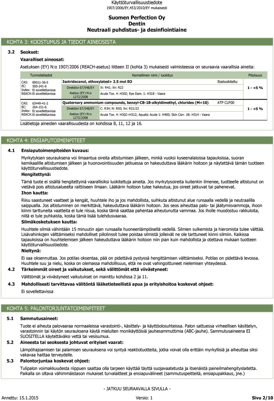 REACH: Index: REACH: Isotridecanol, ethoxylated> 2.5 mol EO Direktiivi 67/548/EY Asetus (EY) N:o 1272/2008 Xi: R41; Xn: R22 Kemiallinen nimi / luokitus Acute Tox. 4: H302; Eye Dam.