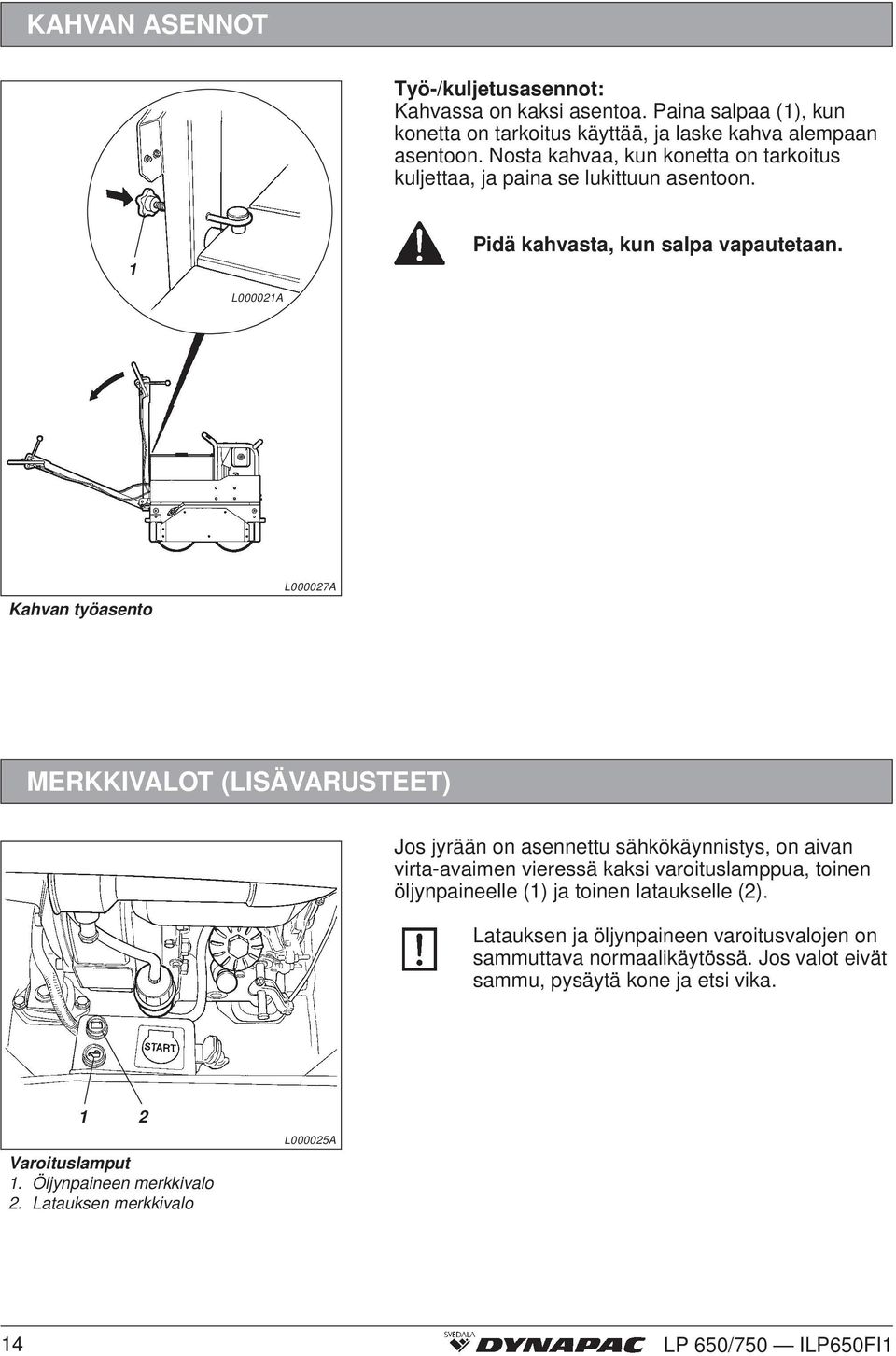 L0000A Kahvan työasento L00007A MERKKIVALOT (LISÄVARUSTEET) Jos jyrään on asennettu sähkökäynnistys, on aivan virta-avaimen vieressä kaksi varoituslamppua, toinen