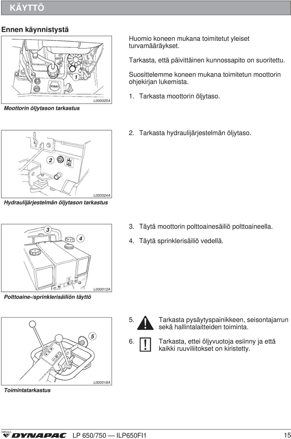 L00004A Hydraulijärjestelmän öljytason tarkastus 3 4 3. Täytä moottorin polttoainesäiliö polttoaineella. 4. Täytä sprinklerisäiliö vedellä.